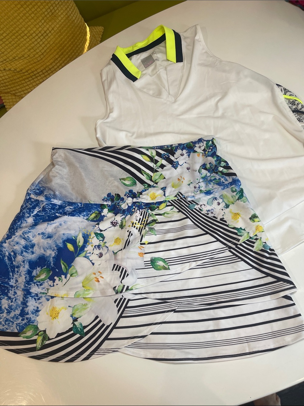 Lucky in Love Floral & Stripe Skater Skirt and Top in White, Blue, Black & Green